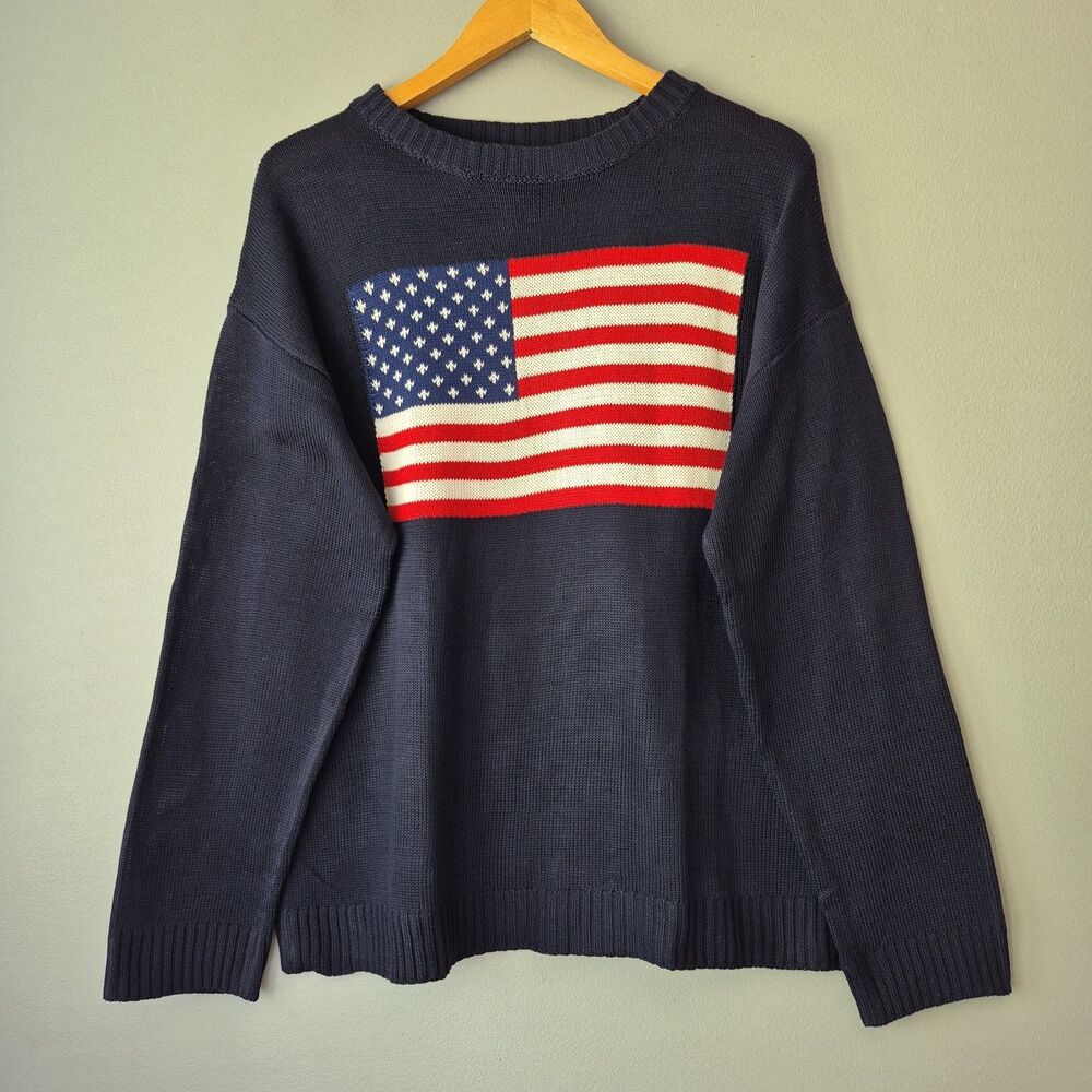 USA Red White Blue American Flag Long Sleeve Crew Neck Sweater Womens Large